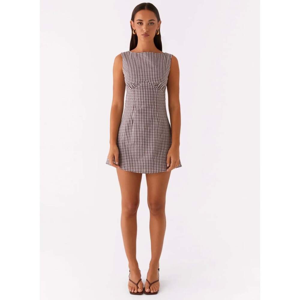 Peppermayo Lotus Tie Back Mini Dress Chocolate Gingham Size US 12 EUC